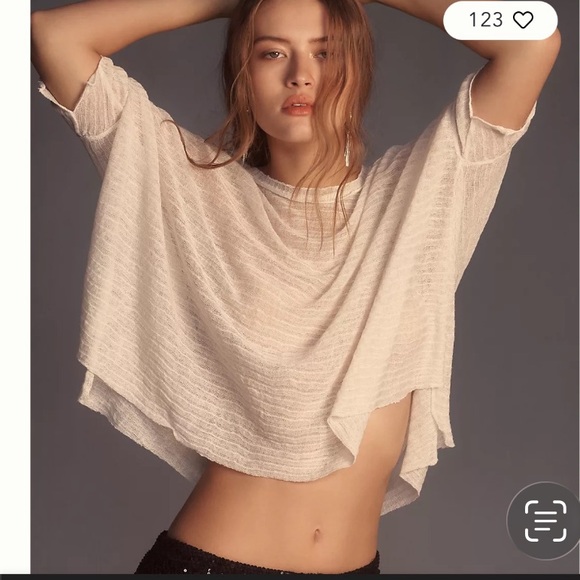 By Anthropologie Sheer Layering Top in cream striped short sleeves L/XL - Picture 2 of 13